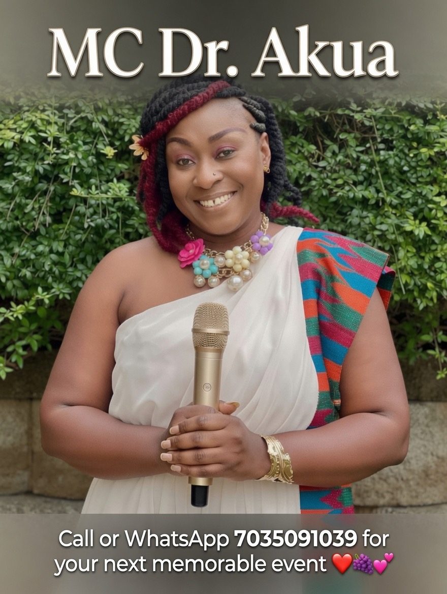 MC Dr Akua outdoors with gold microphone and African sash
