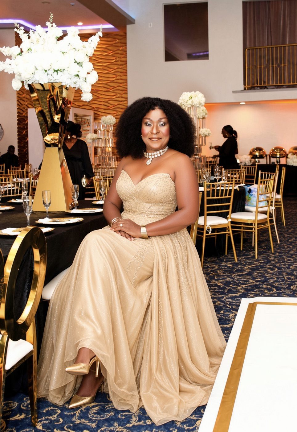 MC Dr Akua in a shimmering gold formal gown at an elegant banquet setting