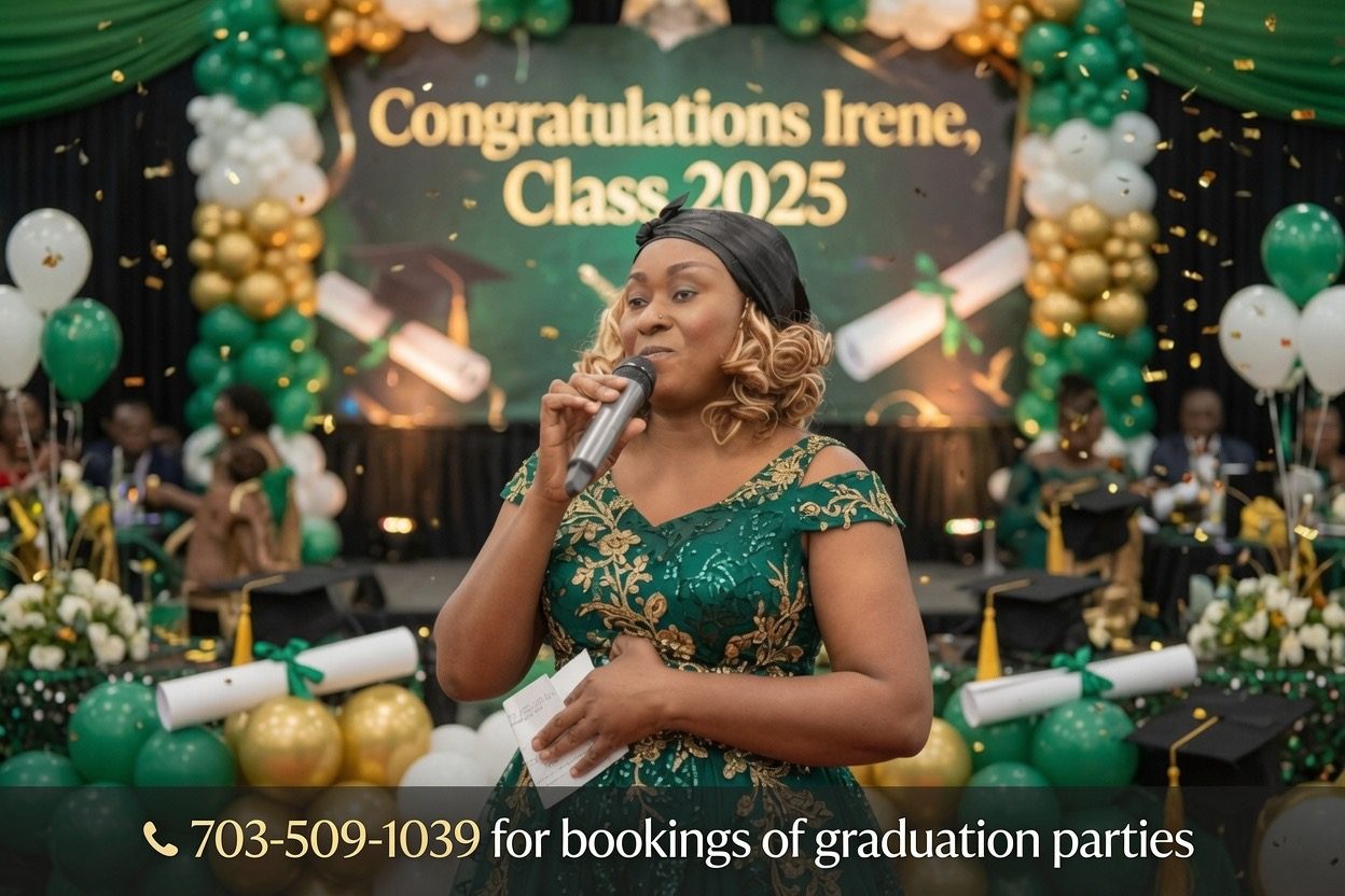 MC Dr Akua hosting a graduation celebration in an emerald and gold gown
