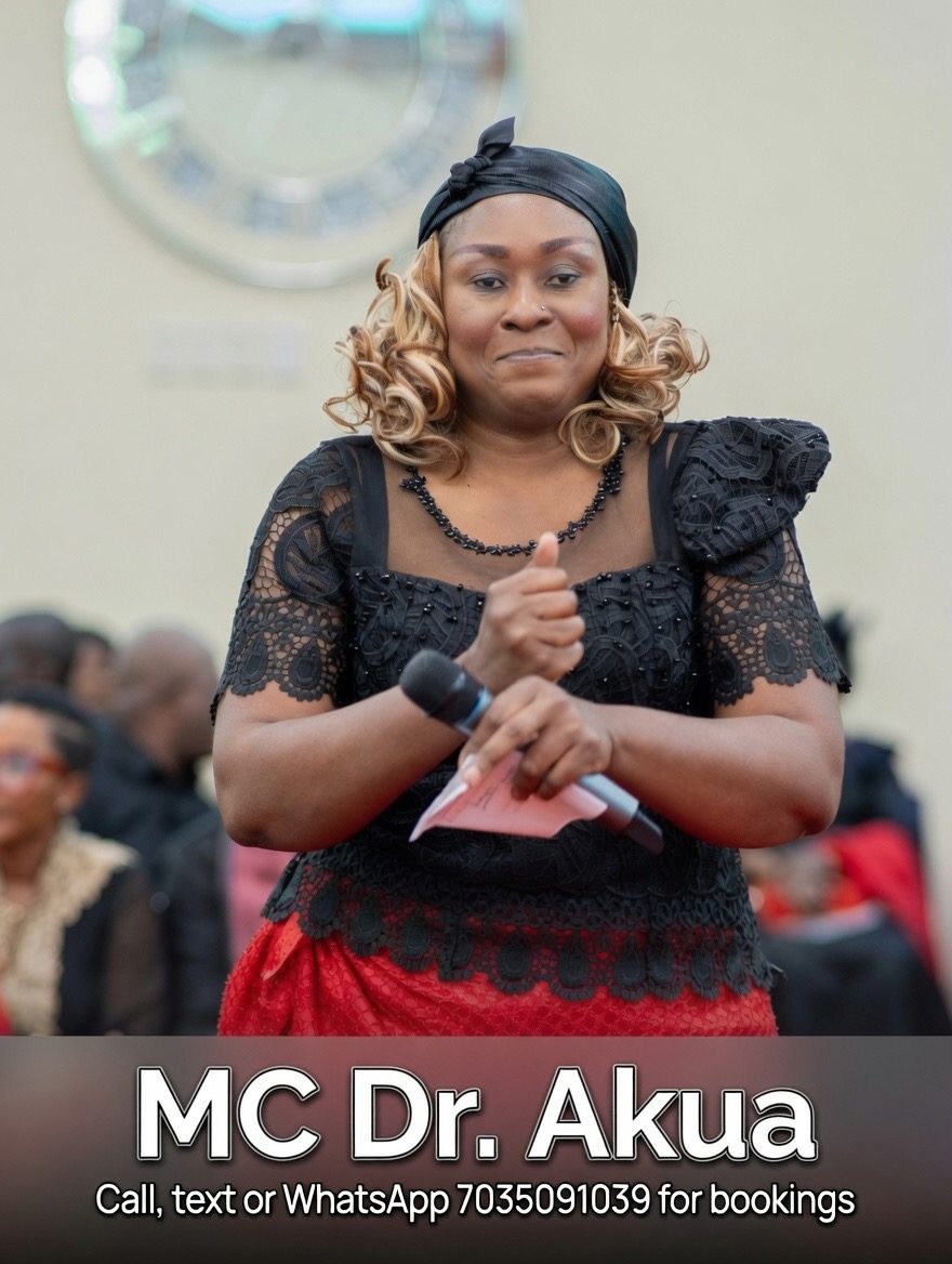 MC Dr Akua on mic with notes, hosting live