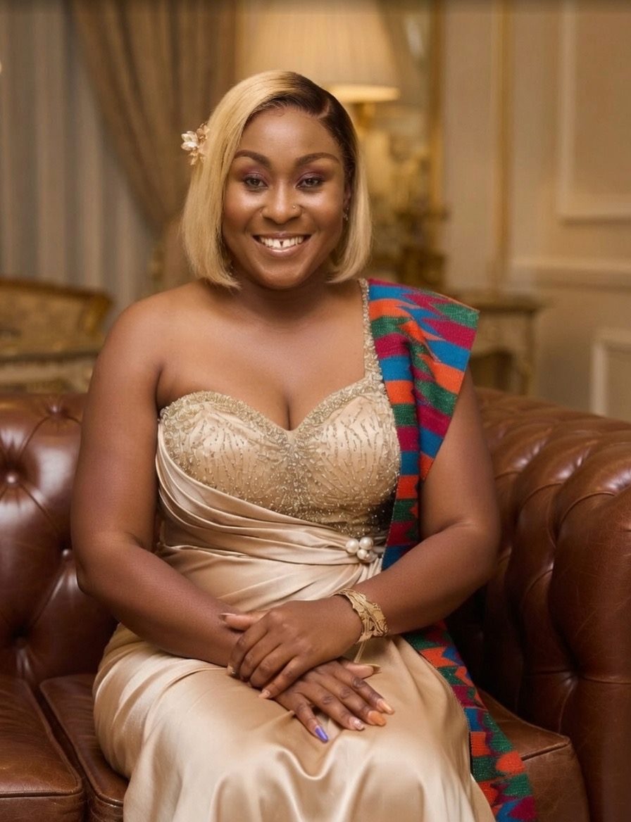 MC Dr Akua in a champagne gown with a vibrant Ghanaian Kente sash, seated elegantly